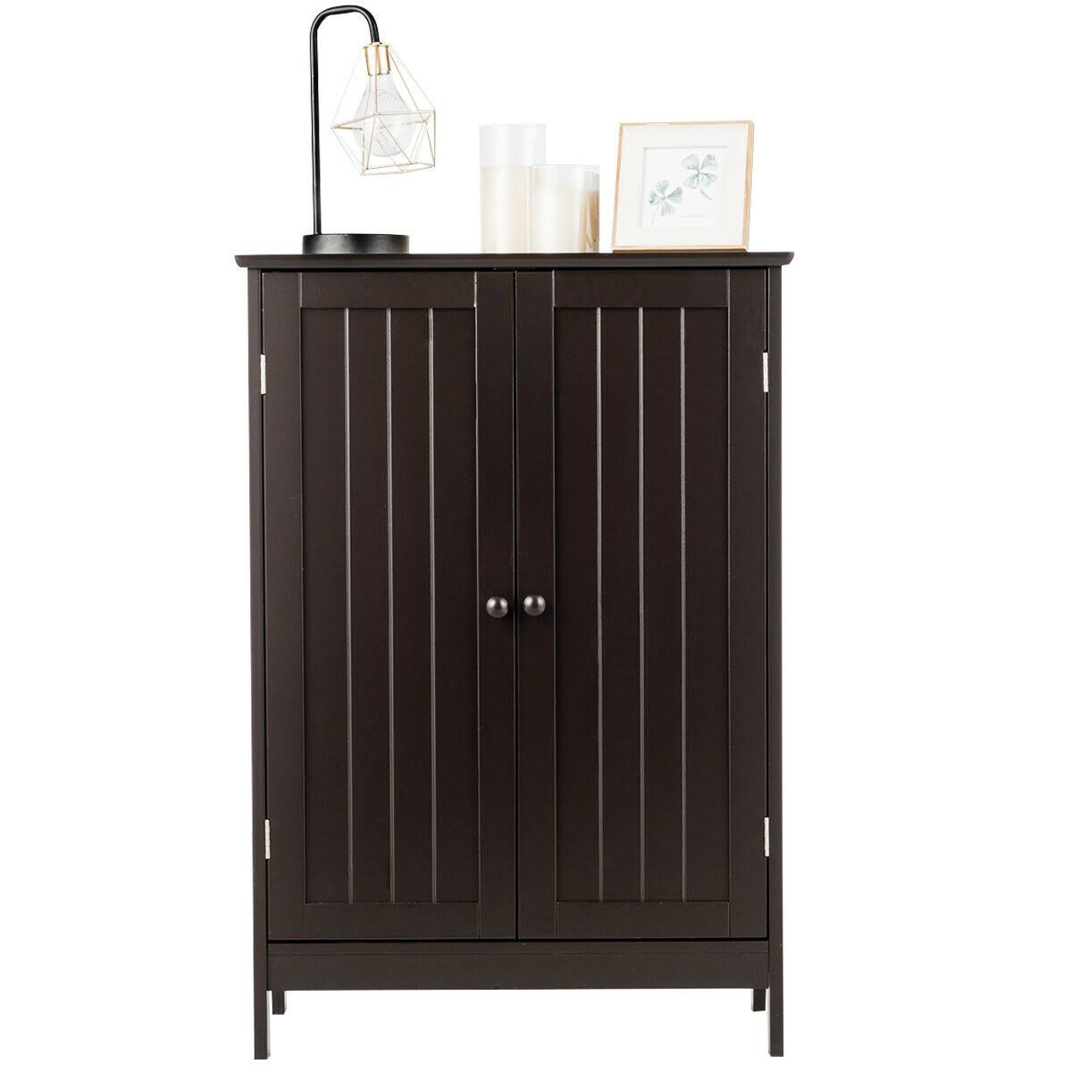 Costway Bathroom Floor Storage Double Door Cupboard Cabinet-Brown