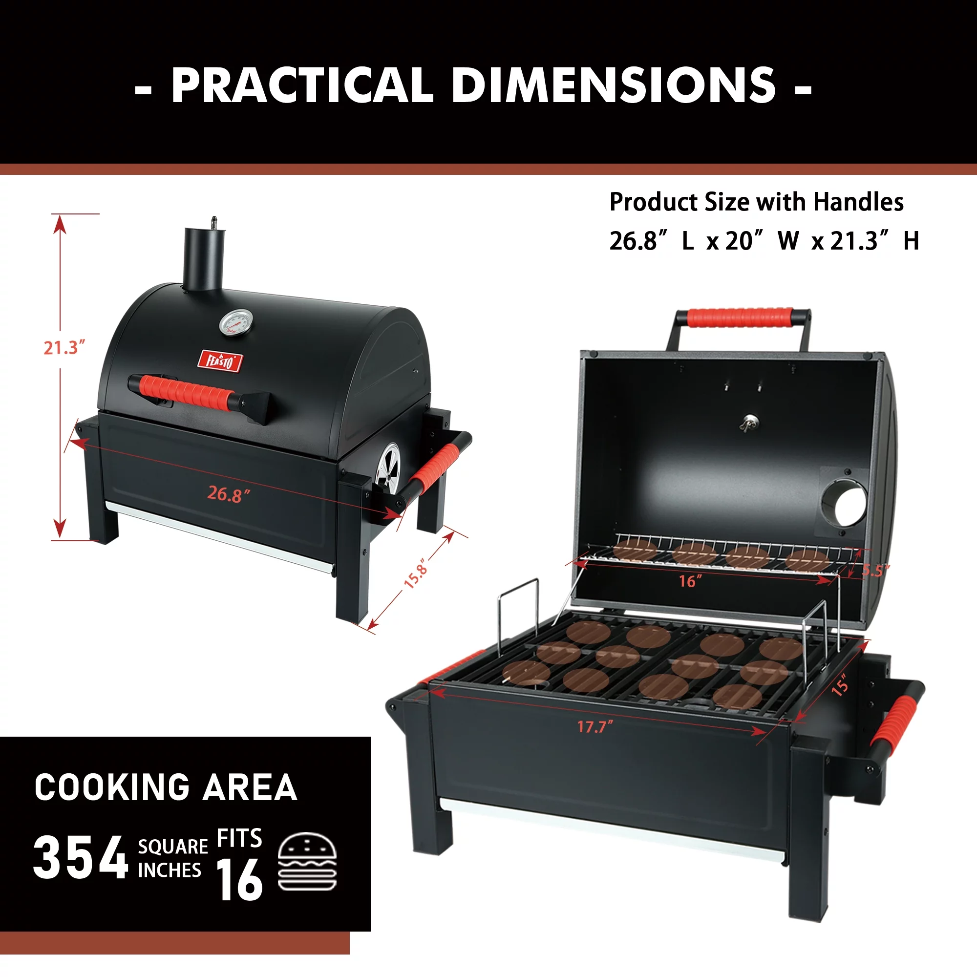 Feasto Portable Charcoal Grill Tabletop Grill with Cast Iron Grates and 354 Square in Cooking Area