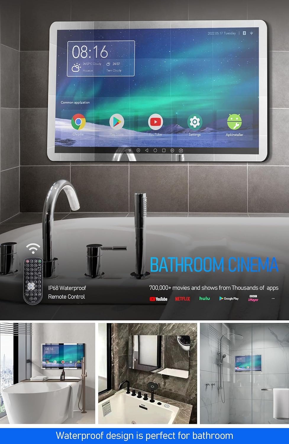21.5 inch Smart Touchscreen Mirror IP66 Waterproof TV for Bathroom Shower - Support 360° Rotation