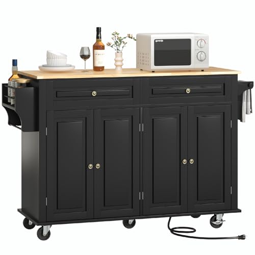 55" Movable Kitchen Island with Drop Leaf and Power Outlet, Rolling Island Cart w/Storage Cabinet, Island Table on Wheels for Kitchen w/2 Drawers