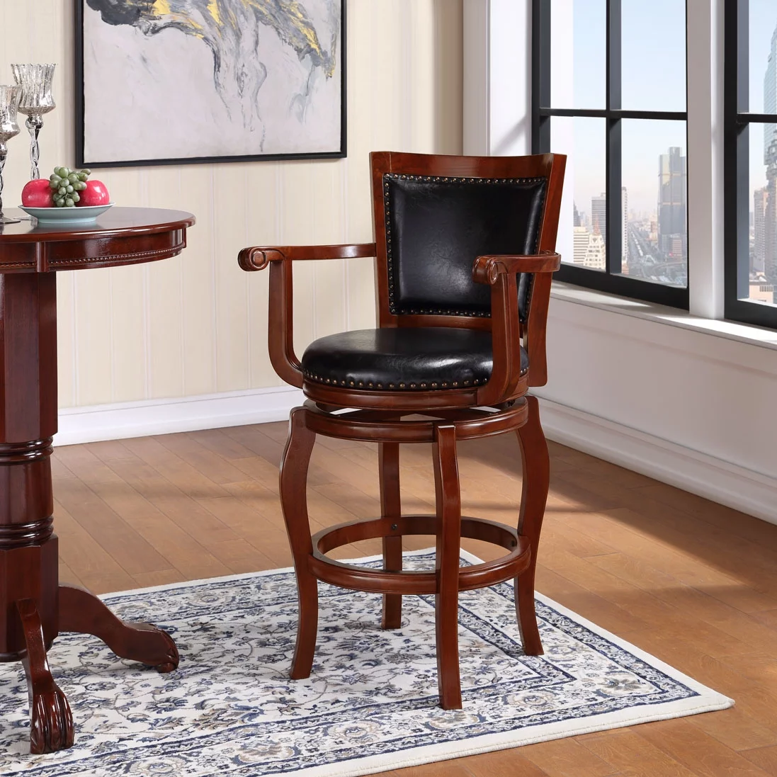 Boraam Jones 29in. High Back Swivel Wood Bar Stool with Arms - Black/Cherry Finish