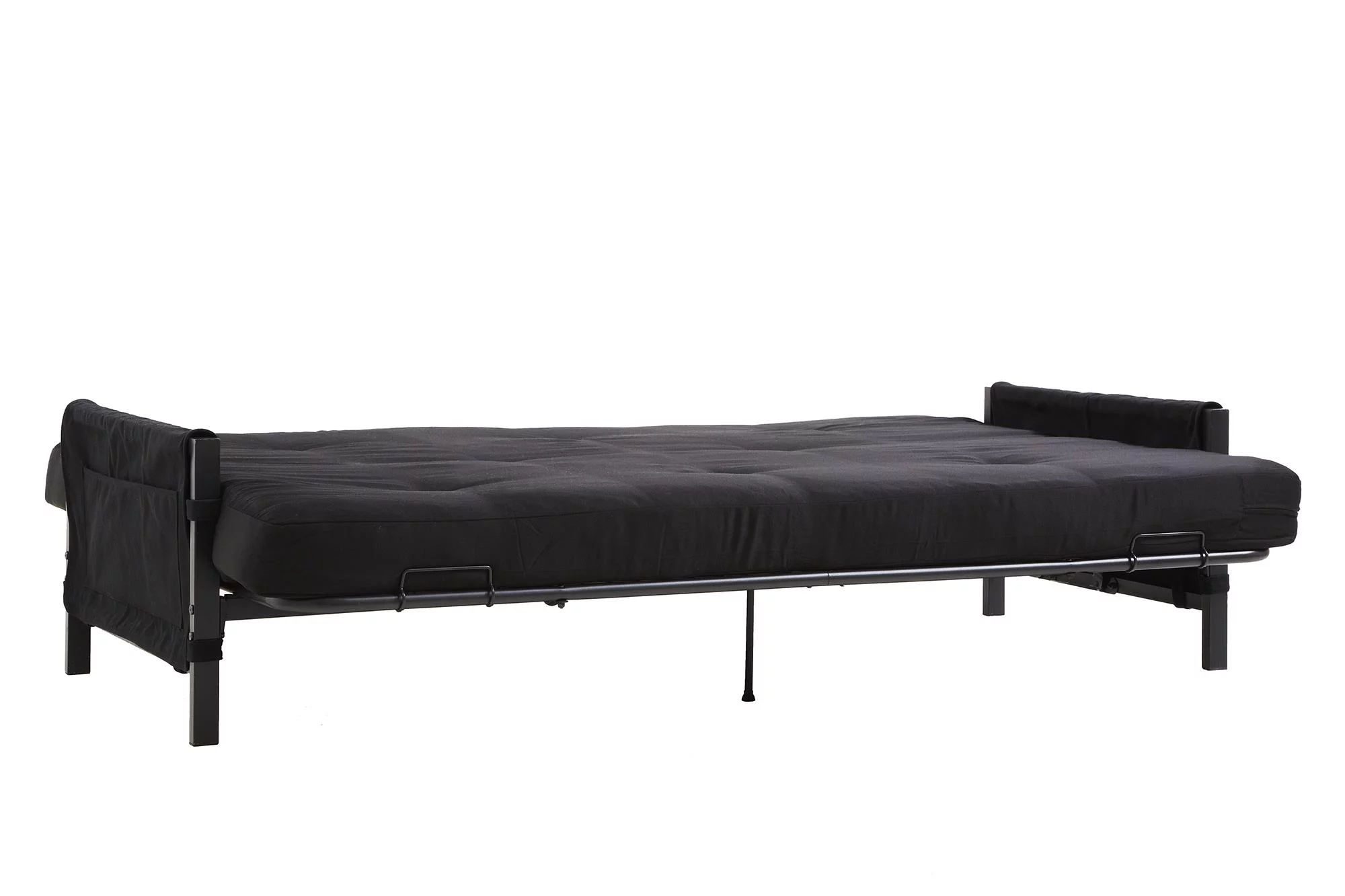 DHP Fairview Futon Set with Black Metal Frame, 6" Mattress and Storage Pockets, Black