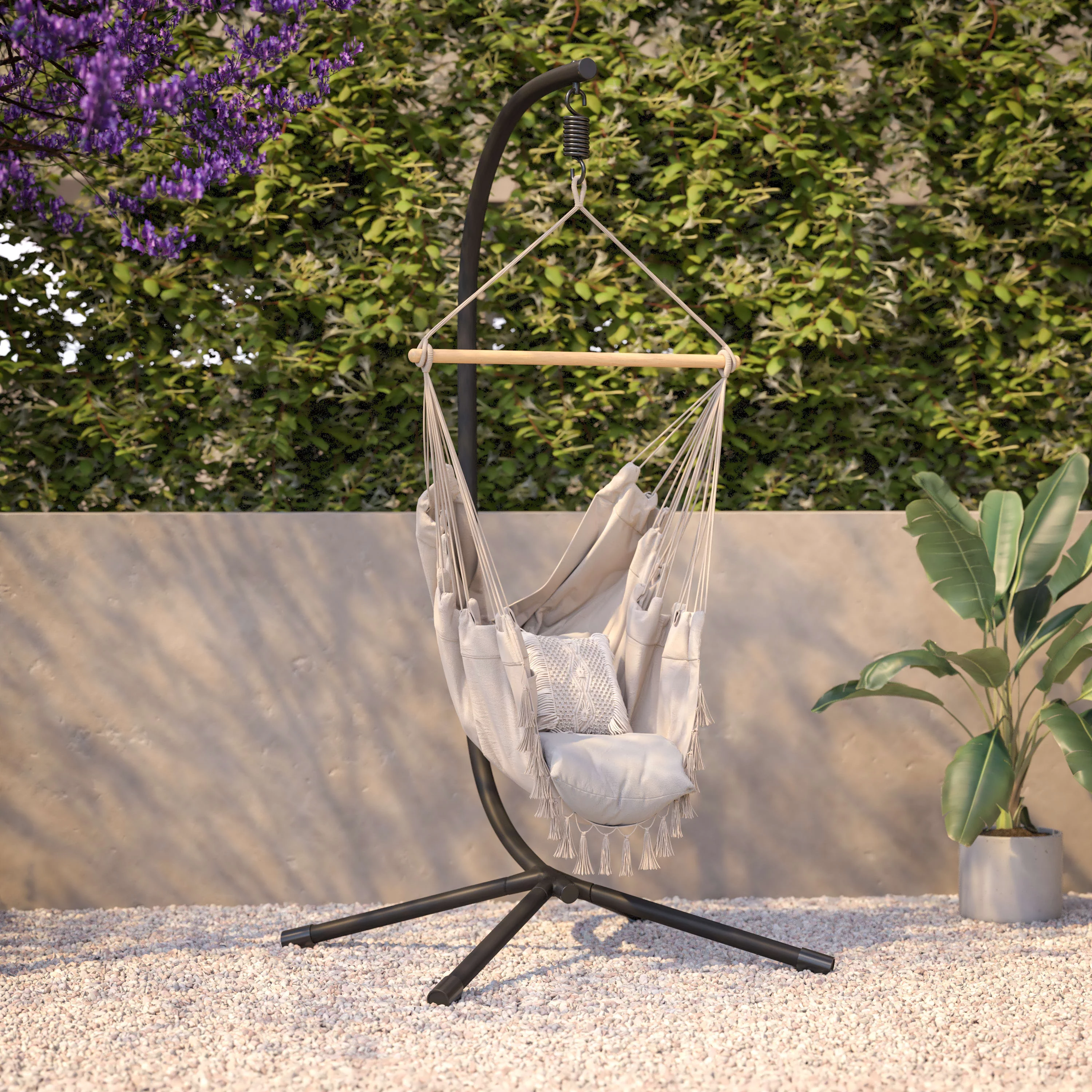 Flash Furniture Harvo Heavy Duty Commercial Grade All-Weather Hanging Hammock Chair C-Stand with Steel Offset Base and Hardware, 360 Degree Rotation