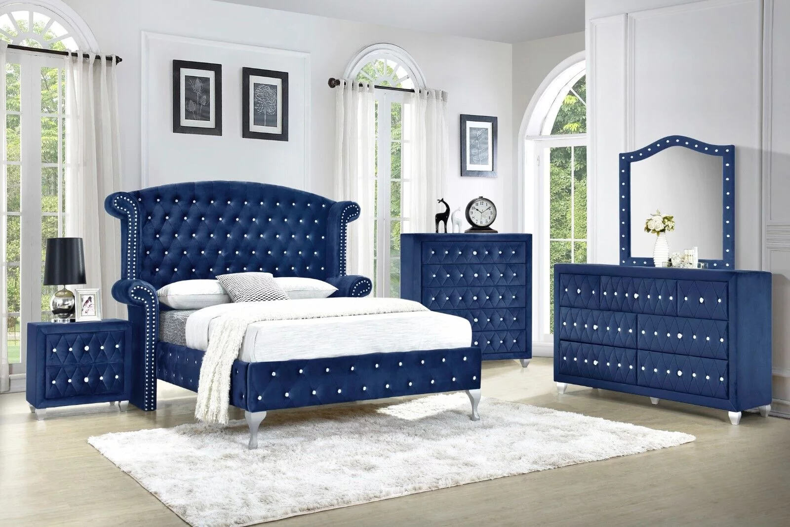 Modern 6Pc King Size Bed Dresser Mirror Nightstand Chest Set Master Bedroom Furniture Blue Velvet