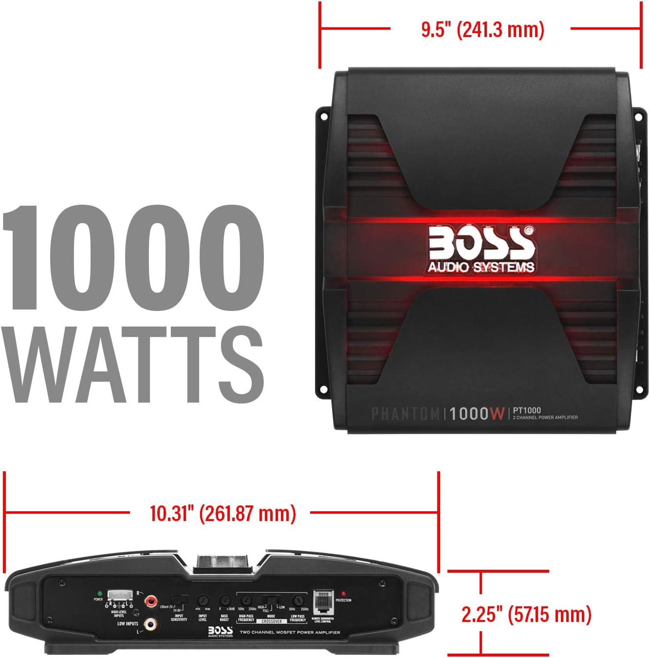 BOSS Audio Systems PT1000 2 Channel Car Amplifier - 1000 Watts, Full Range, Class A/B, 2-8 Ohm Stable, Mosfet Power Supply, Bridgeable