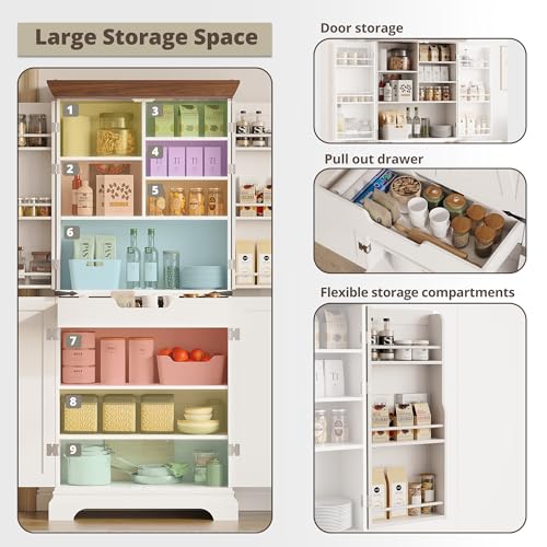 IRONCK Kitchen Pantry Cabinet 72" H, with 9 Shelves, 4 Barn Doors, Drawer, 6 Door Storage Shelves