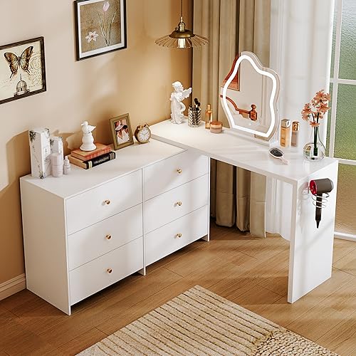 Large Makeup Vanity Desk with Mirror and Lights, Vanity Desk with 8 Drawers & Storage Shelves, Vanity Table with Power Outlet