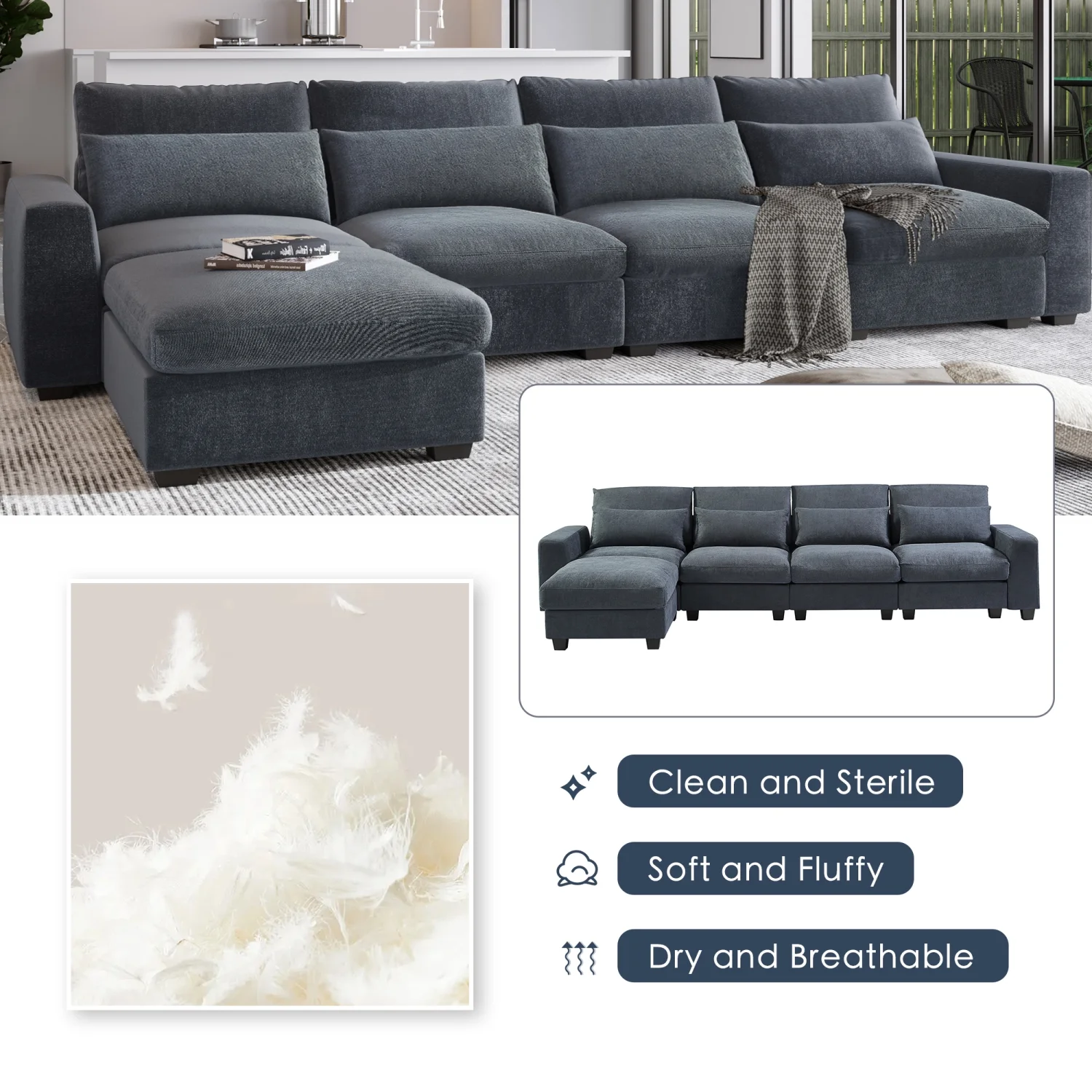 THINK 30, Dark Gray,5 Seat,Modern Large L-Shape Feather Filled Sectional Sofa,Convertible Sofa Couch with Reversible Chaise for Living Room