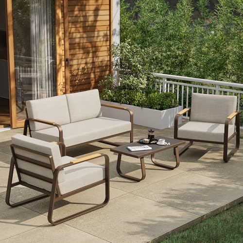 EAST OAK Courtyard Patio Furniture Set, 4-Piece Outdoor Patio Set with Sofa, Removable & Washable Deep Seating Cushion, Tempered Glass Table