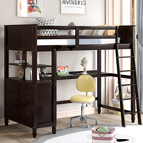 Harper & Bright Designs Full Loft Bed with Desk and Wardrobe,Solid Wood Loft Bed Frame Full with Storage Drawers for Kids Teens Adults