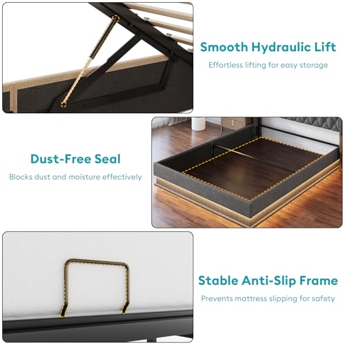 Queen Bed Frame with Storage - Lift Up Queen Size Bed Frame with Headboard, Upholstered Platform Bed with LED Lights & Charging Station