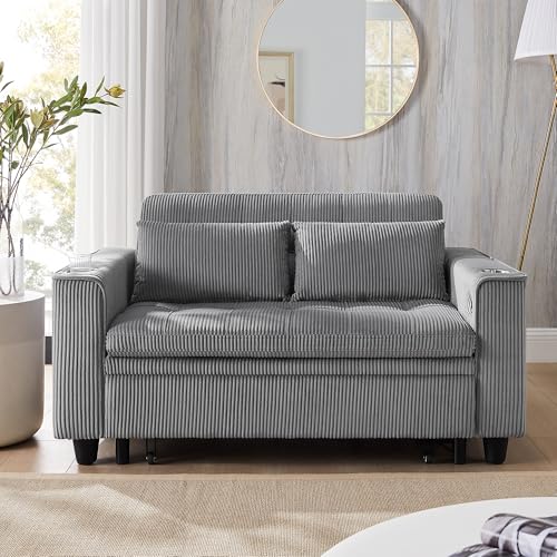 OKD 3 in 1 Convertible Sleeper Sofa Bed, Corduroy Pull Out Futon Couch with Charging Station & Cup Holder