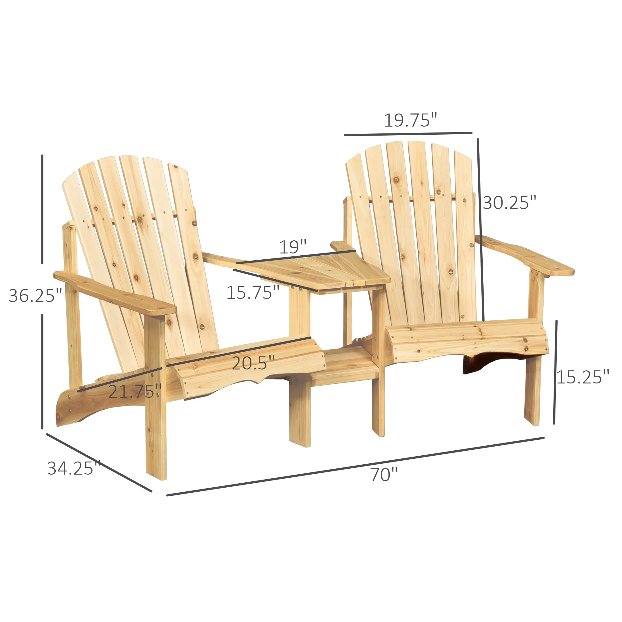 Outsunny Outdoor Tete-A-Tete Bench Wood Adirondack Chair with Center Table