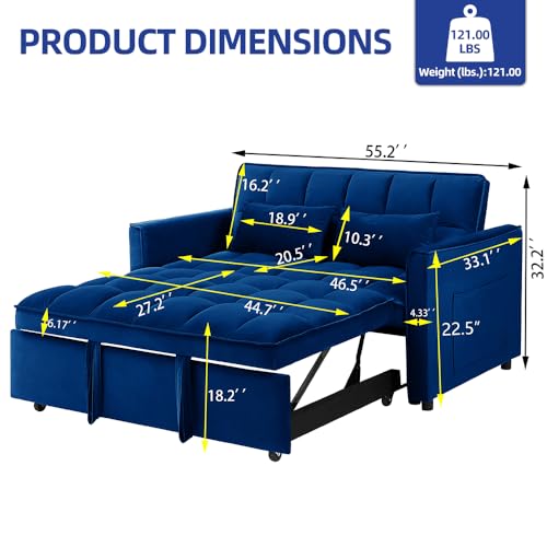 3-In-1 Sleeper Sofa,Velvet Pull Out Sofa Bed，55.1-Inch Futon Convertible Loveseat Sleeper， Love Seat with Adjustable Back