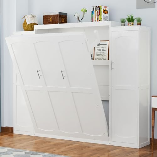 Harper & Bright Designs Full Size Murphy Bed, Wood Full Wall Bed with Two Closets and Storage Shelf