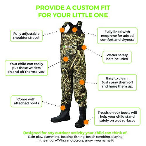 Kids Neoprene Waterproof Fishing Waders Camo 10/11, Green