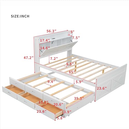 Harper & Bright Designs Twin Size Captain Platform Bed with Bookcase Headboard, Wood Twin Bed Frame with Storage Drawers and Shelves