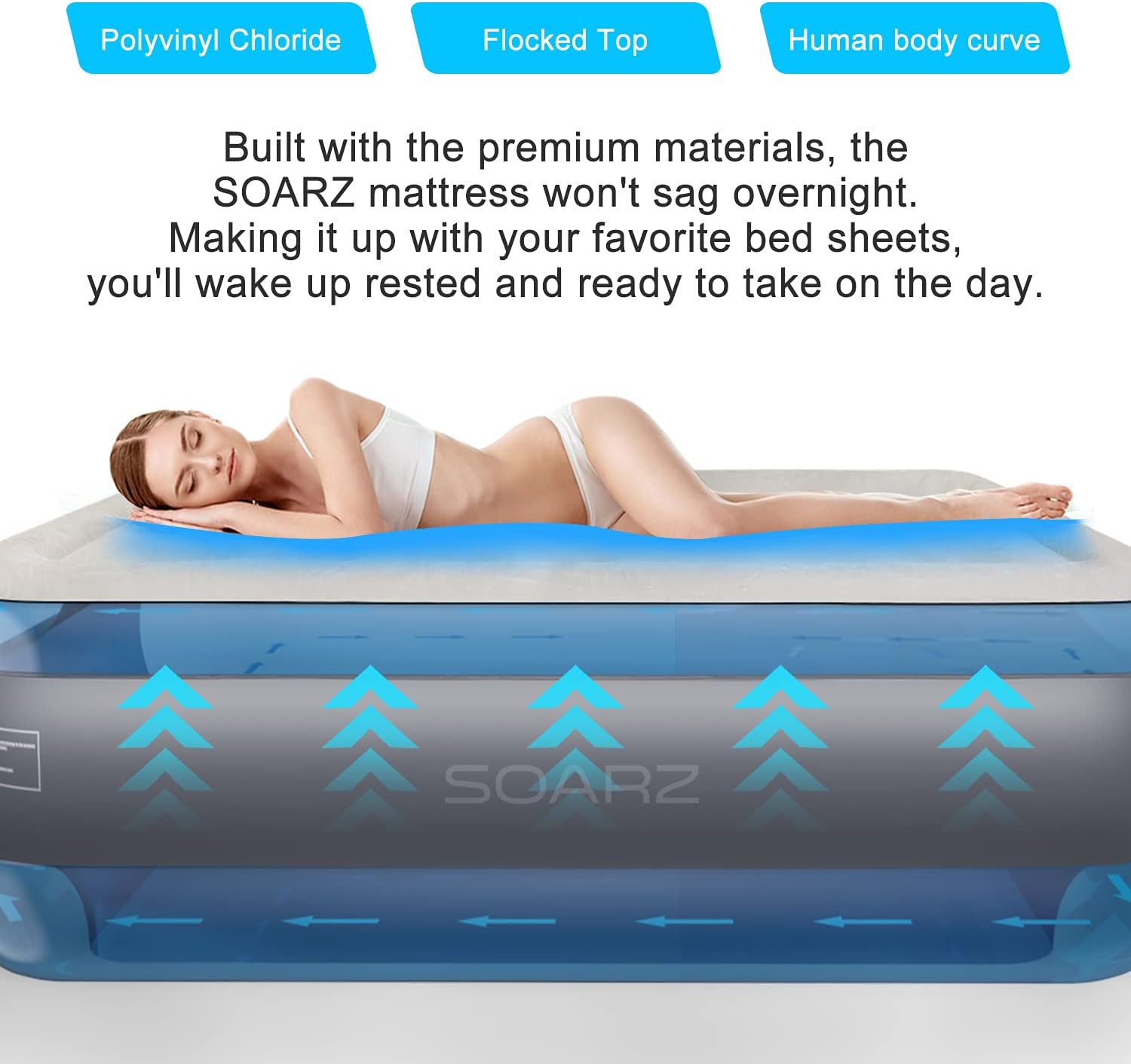 SOARZ Air Mattress Queen with Built-in Pump, Upgraded Double High Luxury Flocked Top Airbed for Home Camping Travel and Indoor Use