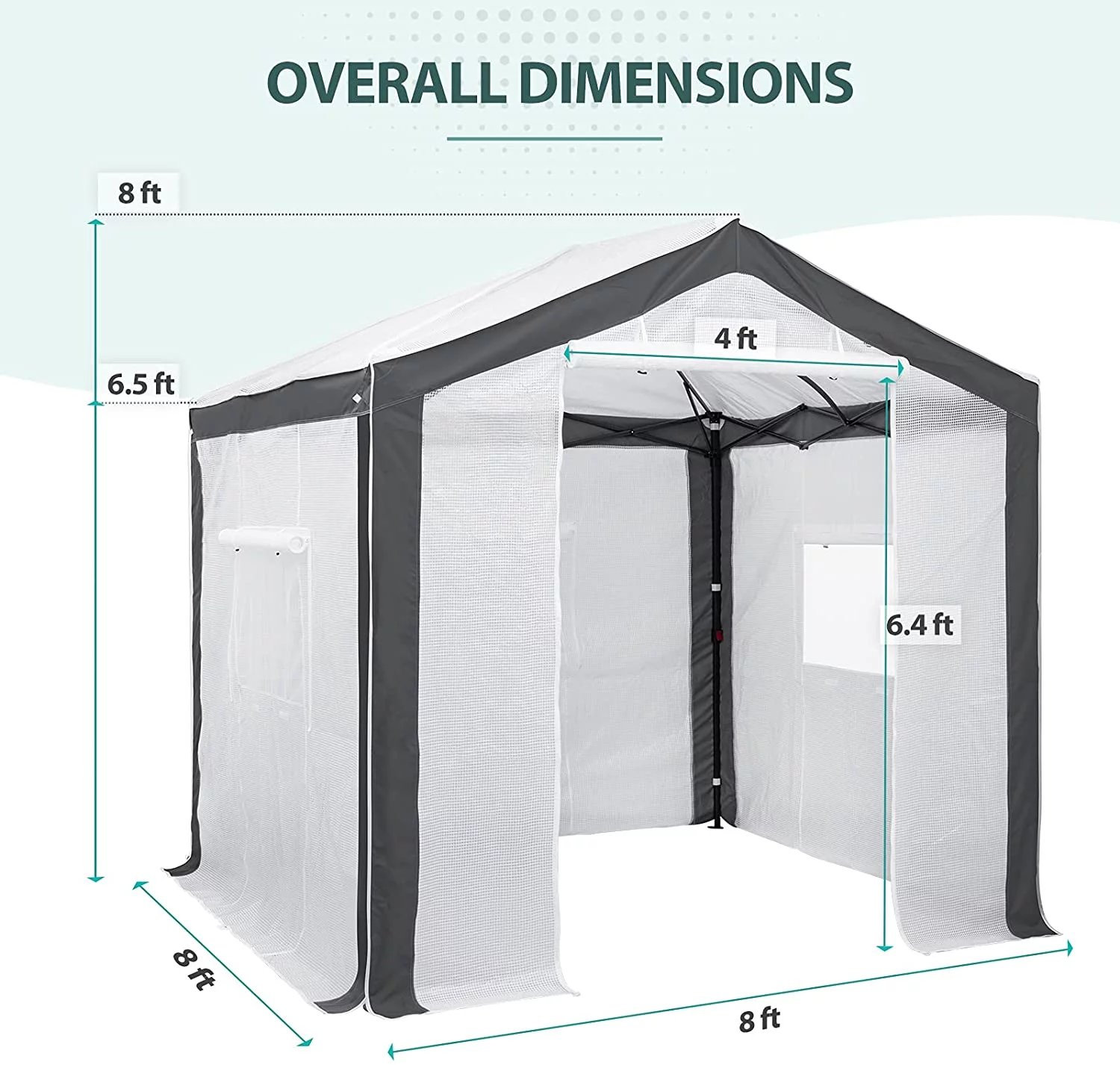 EAGLE PEAK 8 ' x 8 ' Portable Walk-in Greenhouse with Roll-up Zipper Entry Door and 3 Large Roll-Up Screen Windows