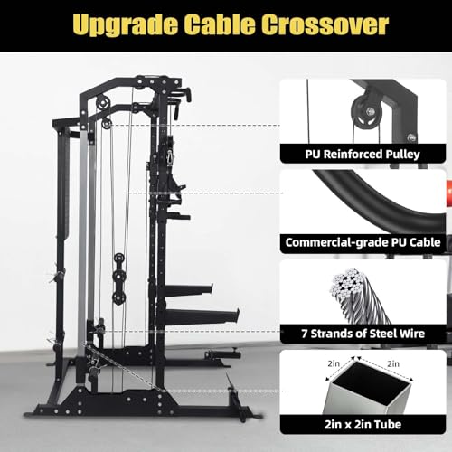 Power Cage, 2000Lbs Capacity Power Rack with Cable Crossover and Dual Independent Pulley System, Workout Cage with Storage Board