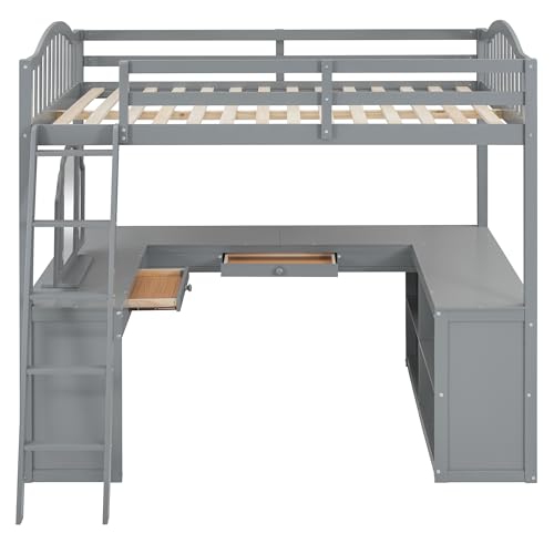 Harper & Bright Designs Full Size Loft Bed with Desk, Storage Shelves and Drawers, Solid Wood Loft Bed Frame with Built-in Wardrobe, Walnut