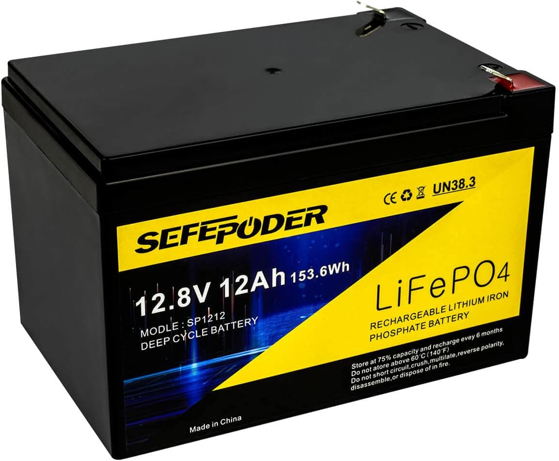 12V 12Ah LiFePO4 Lithium Ion Rechargeable Battery, 2000+ Deep Cycle Maintenance-Free Battery for Solar Power, UPS Backup, Lighting, Power Wheels