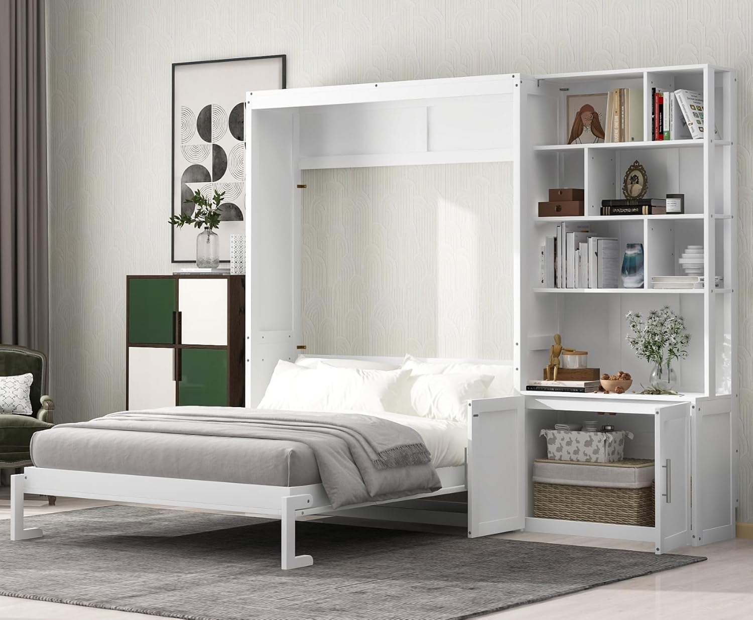 Merax Full Size Murphy Bed Cabinet with Multiple Storage Shelves, Wood Foldable Hidden Wall Platform Bedframe Chest for Home, Bedroom, Office