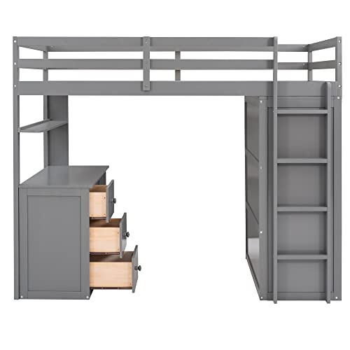 Harper & Bright Designs Full Loft Bed with Desk and Wardrobe,Solid Wood Loft Bed Frame Full with Storage Drawers for Kids Teens Adults