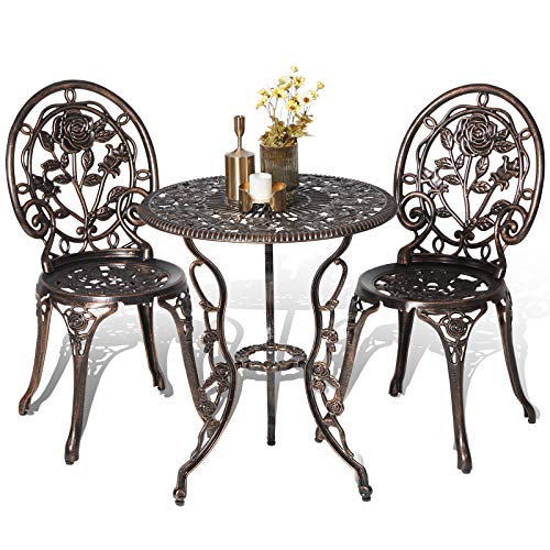 HOMEFUN Bistro Table and Chairs Set of 2 Outdoor 3 Piece Patio Set, Rose Pattern Cast Aluminum Bistro for Garden Balcony