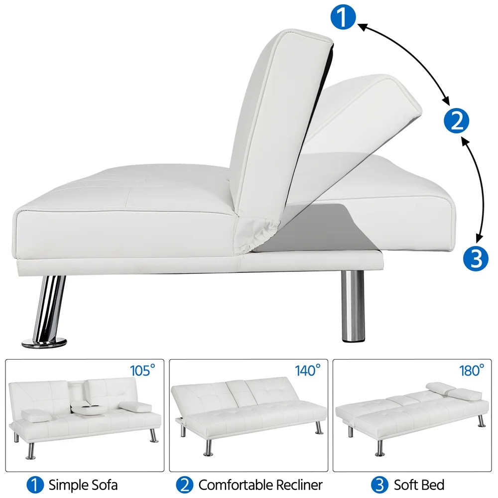 Yaheetech Modern Faux Leather Futon Sofa Bed Home Recliner Couch, White