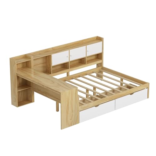 Corner Twin Bed Frame with Bookcase Storage and Desk, Wood Day Beds with 2 Drawers, Twin Size Daybed with Storage for Living Room
