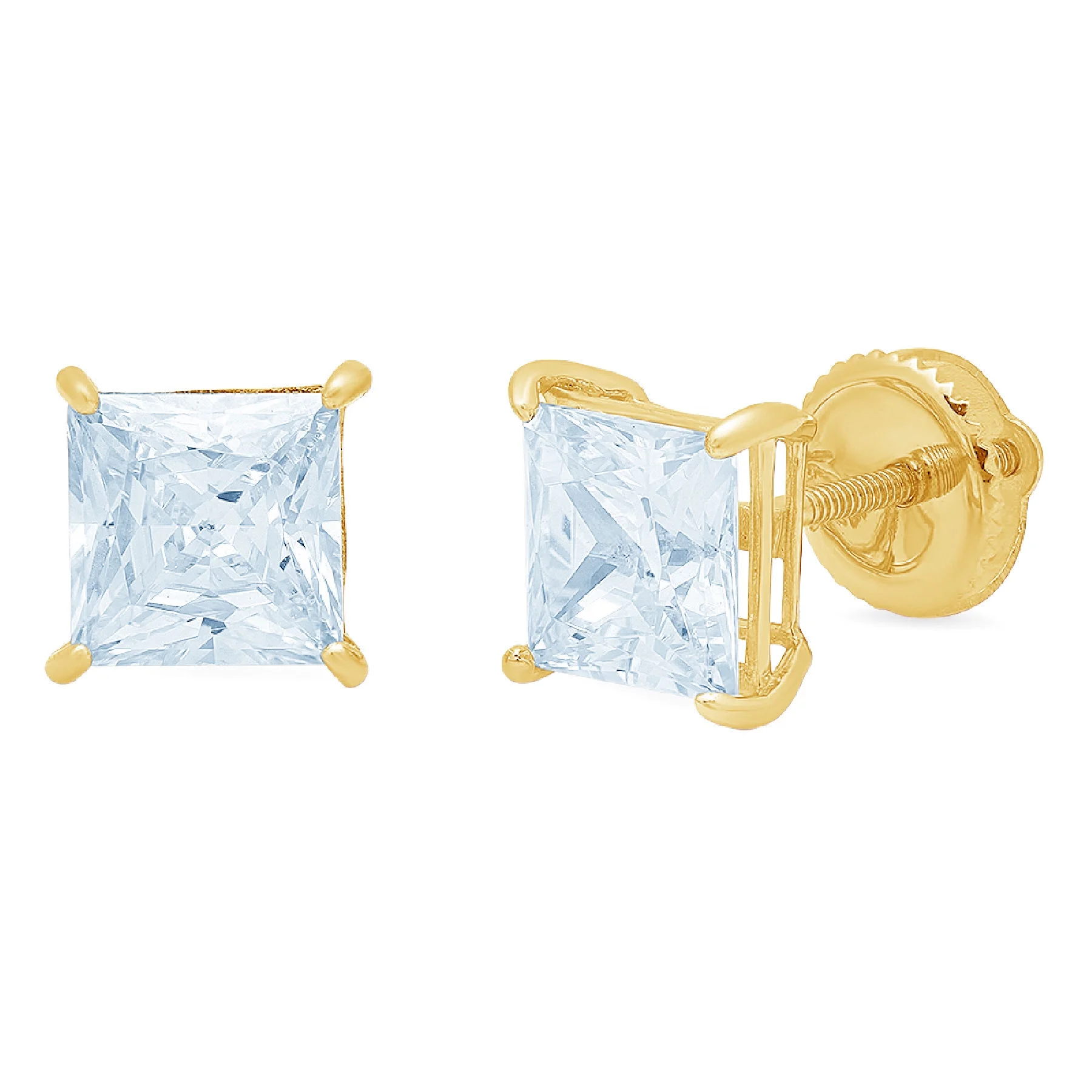 1.5 ct princess cut studs blue simulated diamond 18k yellow gold earrings screw back