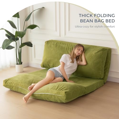 MAXYOYO Bean Bag Bed Folding Sofa Bed Floor Mattress for Adults, Extra Thick and Long Floor Sofa with Corded Washable Cover, Dark Grey, 30x95 Inch