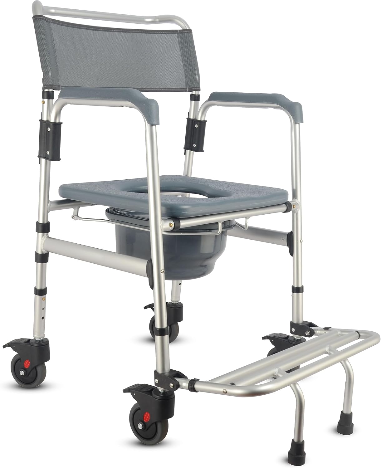 3-in-1 Aluminum Bedside Commode Toilet Shower Chair with Swivel Wheels 6.3 qt Bucket 4 Brake Casters Tool-free Assembly Support Up to 300 lbs Height