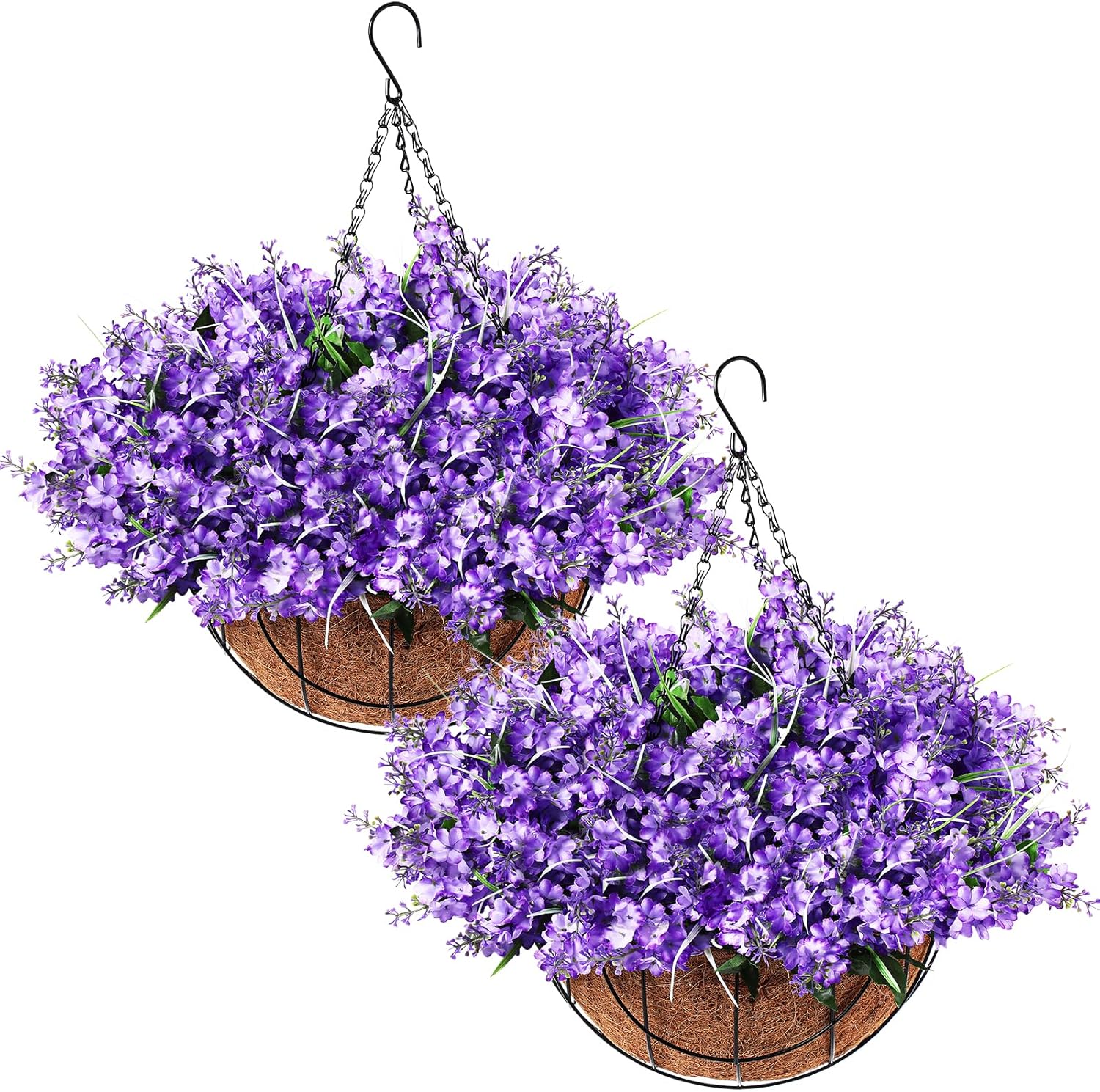 2 Pack Artificial Hanging Flowers in Basket for Spring Summer Porch Home Garden Yard Decoration Faux Hyacinth Arrangement Fake Plants in 12 Inch
