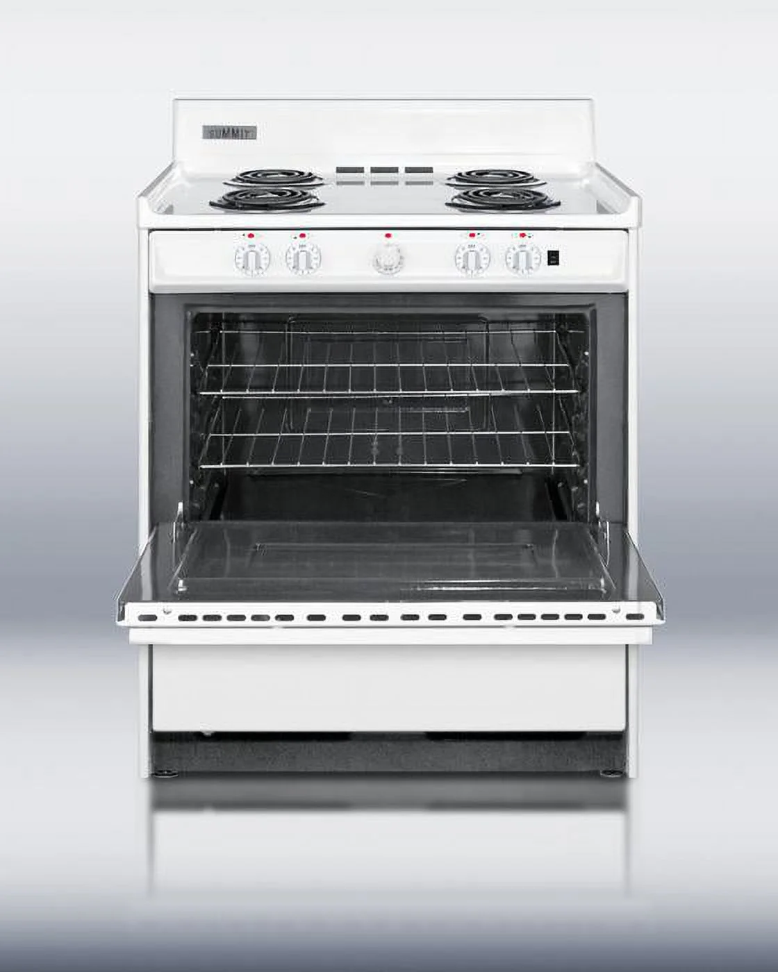 Summit WEM2171Q 30" Freestanding Electric Range with 4 Burners 3.6 Cu. Ft. Capacity Manual Clean Storage Drawer Porcelain oven & 5 Indicator Lights