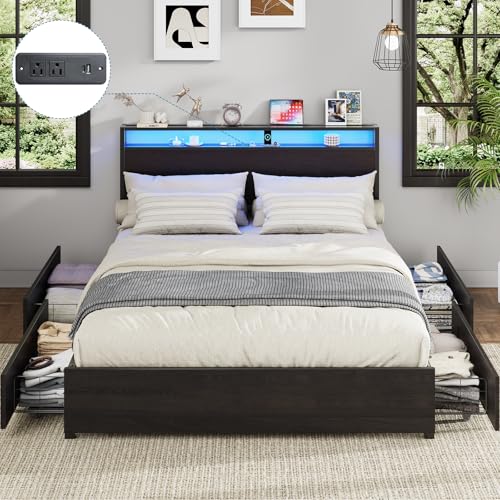 Full Size Bed Frame with Headboard, LED Platform Bed with 4 Storage Drawers, Built in Charging Station, Noise-Free, Metal Support Base