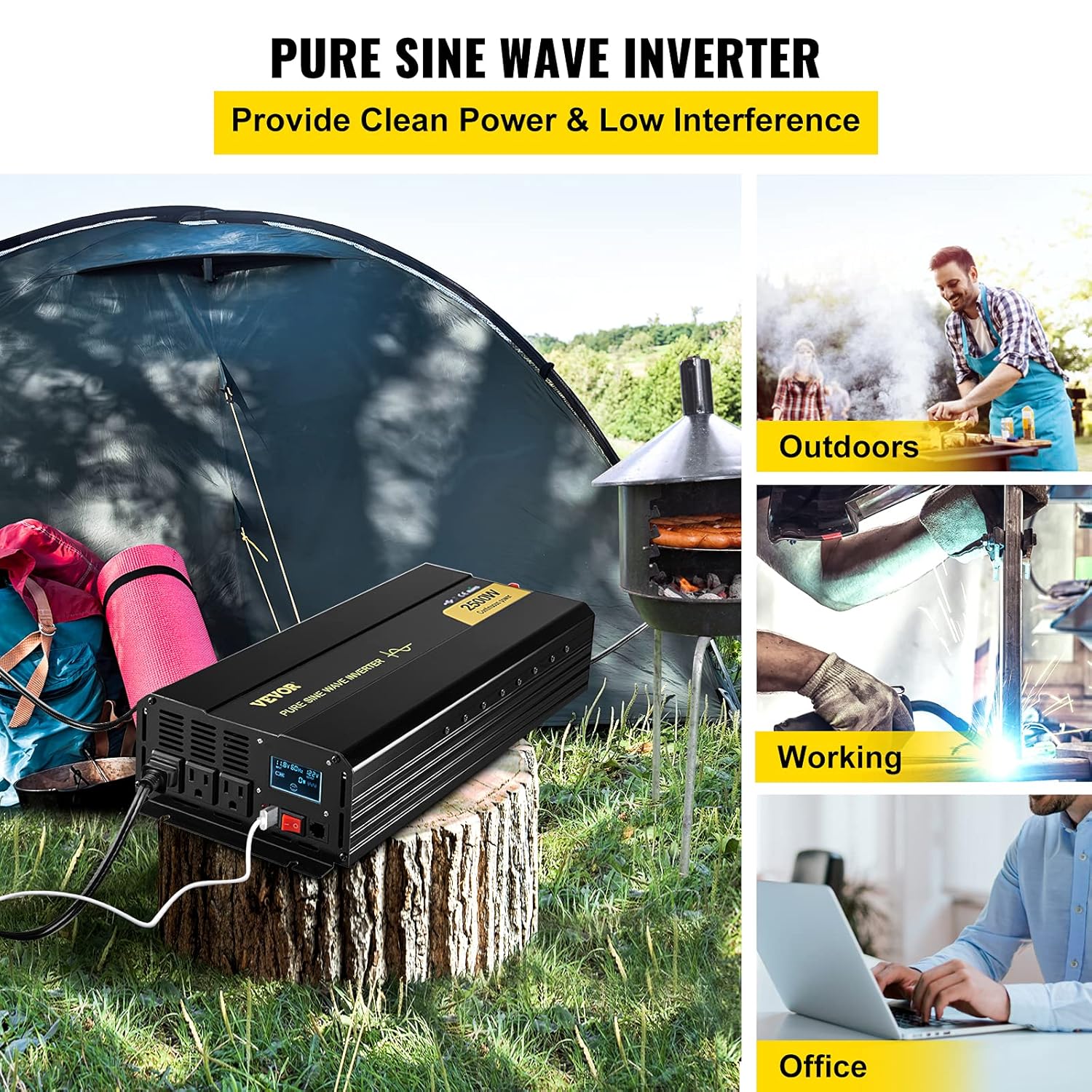 VEVOR Pure Sine Wave Inverter, 2500 Watt Power Inverter, DC 12V to AC 120V Car Inverter, with USB Port, LCD Display