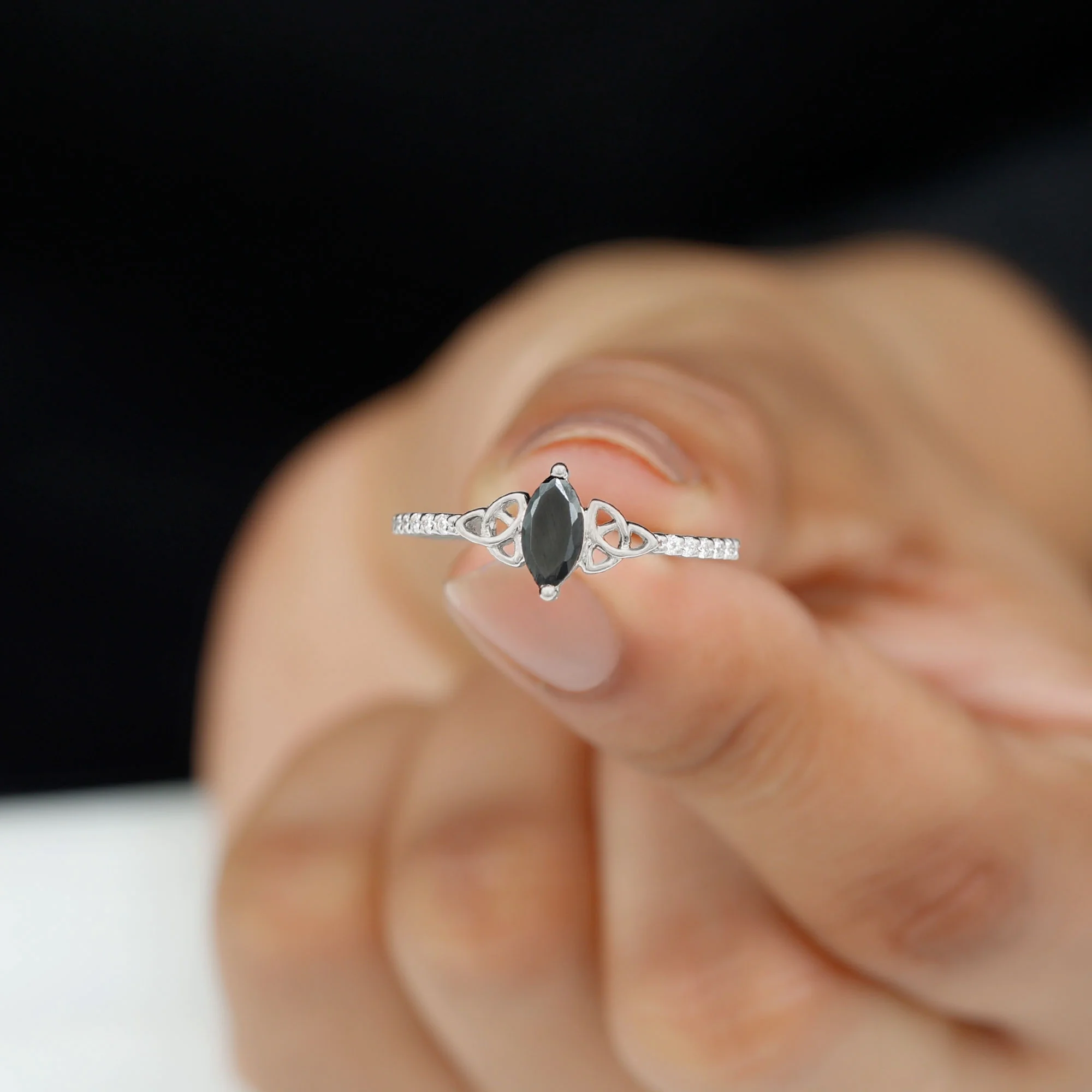 Created Black Diamond Solitaire Celtic Knot Ring with Diamond for Women - AAAA Grade, 925 Sterling Silver, US 4.00