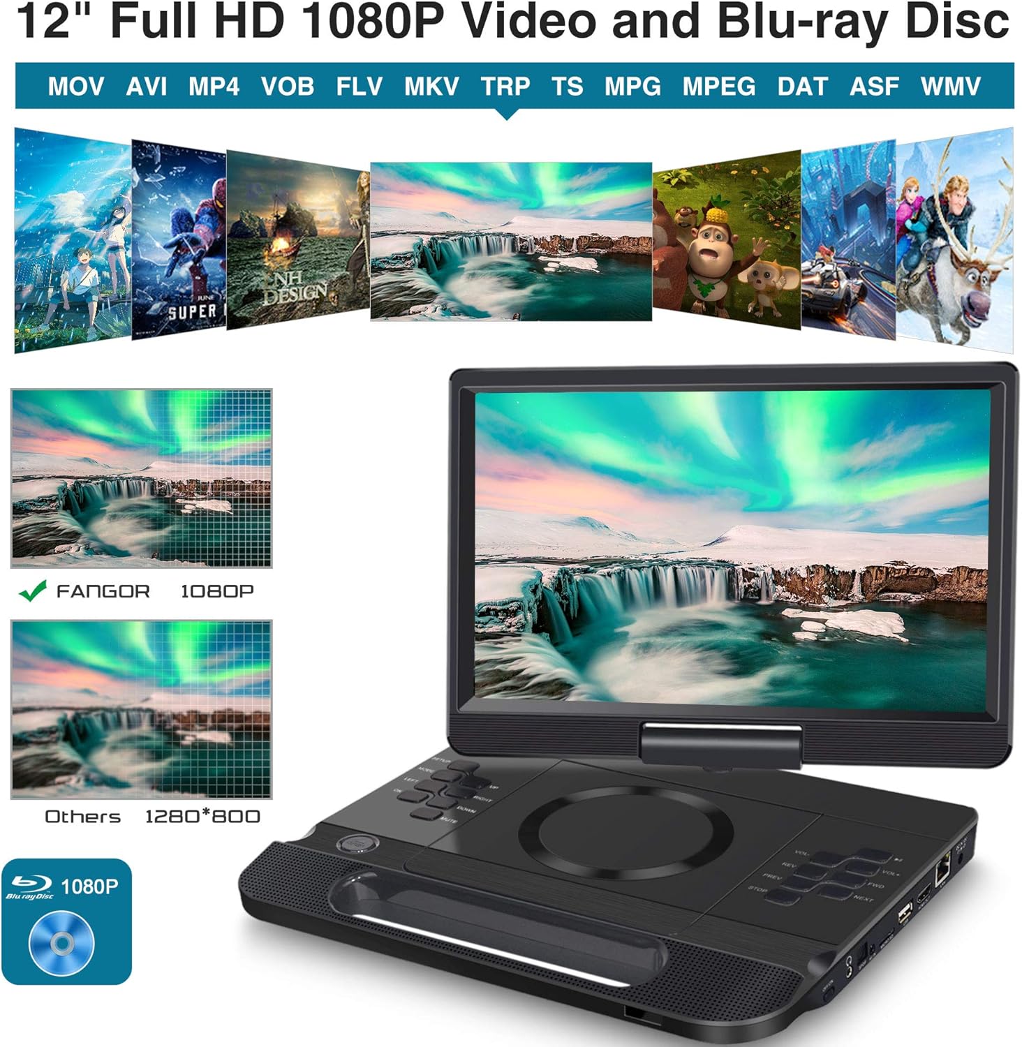 FANGOR 13.3 Inch Portable Bluray Player with 12 HD Swivel Screen, 5 Hours Rechargeable Battery and Remote Control, HDMI Out/AV In, Multi-Media Player