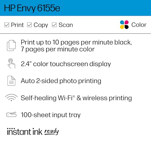 HP Envy 6155e Wireless All-in-One Color Inkjet Printer, Print, scan, Copy, Duplex Printing Best-for-Home, 3 month Instant Ink trial included (714L5A)