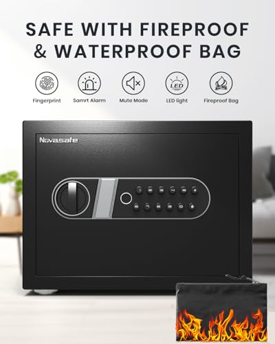 Biometric Safe, Fingerprint Home Safe Box with Fireproof Waterproof Bag & Key, 1.4 Cu ft Security Money Safe for Cash, Jewelry, Valuables