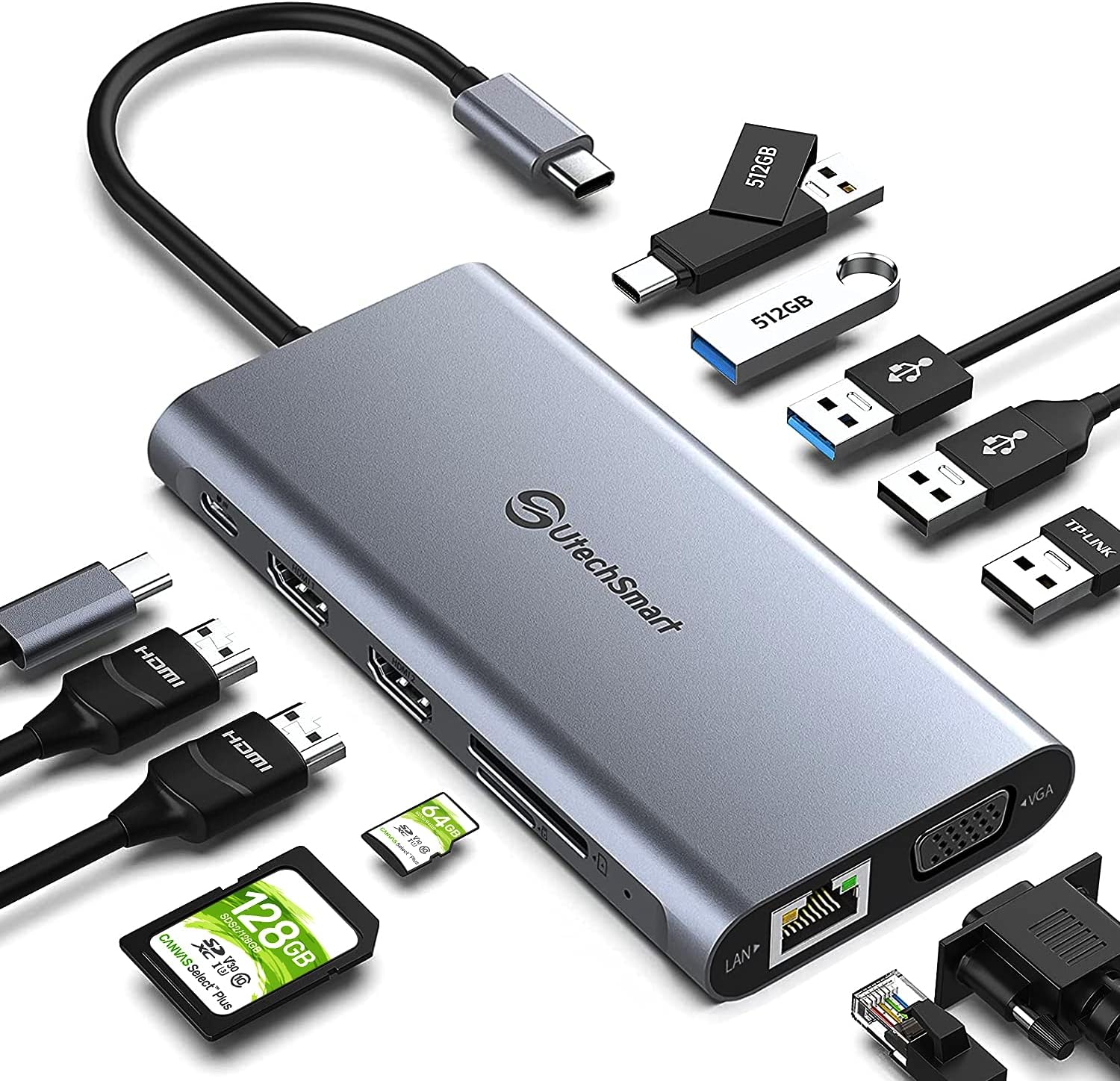 Docking Station, UtechSmart 12 in 1 Full Quadruple Display USB C Docking Station, USB C Hub Compatible for macOS&Windows,Thunderbolt 3 Dock(HDMI,VGA
