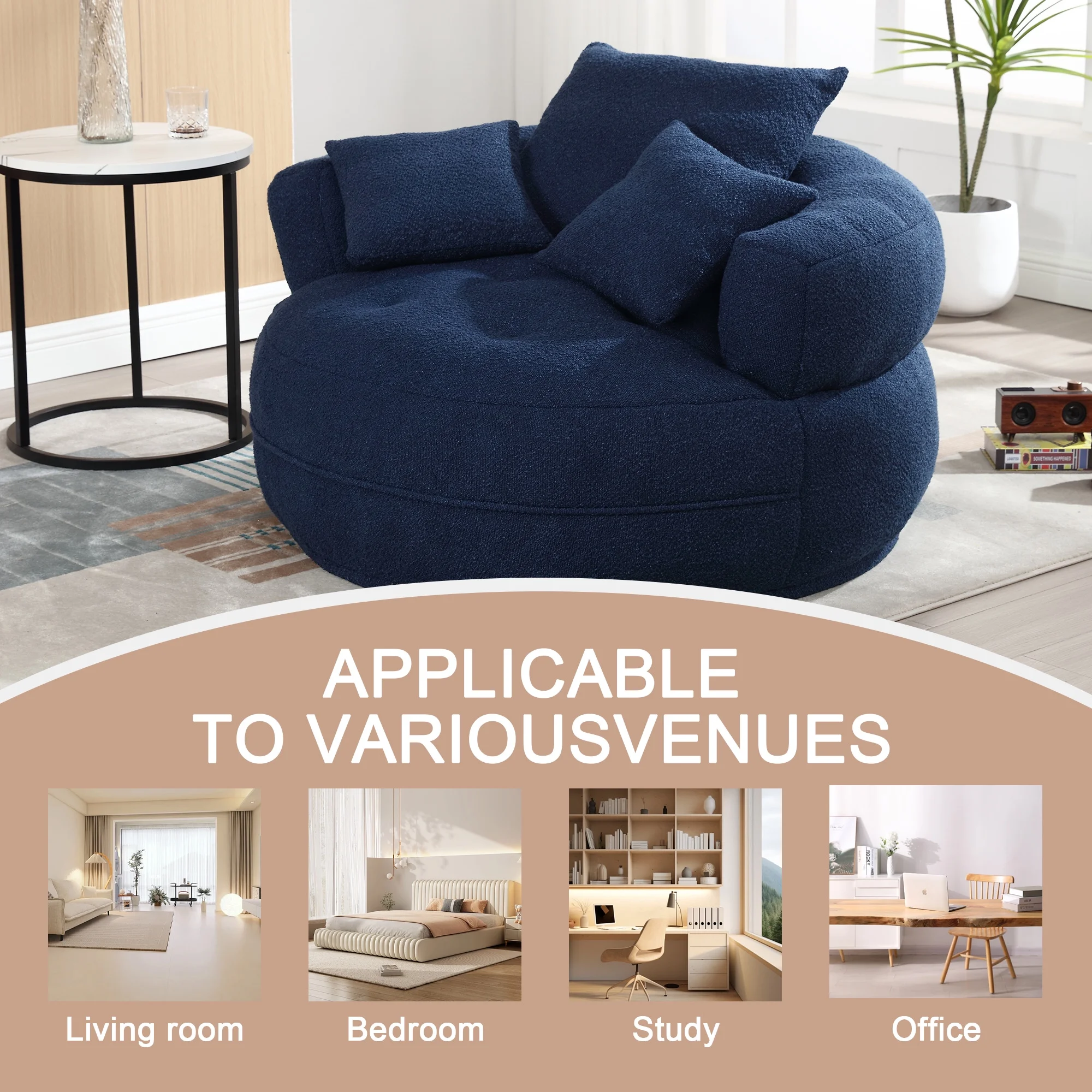 MOONMISS Accent Barrel Chair, Modern Boucle Round Accent Chair with 3 Pillows and Tufted Seat