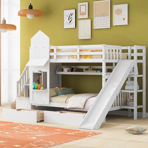 SOFTSEA Twin Over Twin Bunk Bed with Slide and Storage Solid Wood Bunk Bed Frame with Staircase and Drawers, Pink