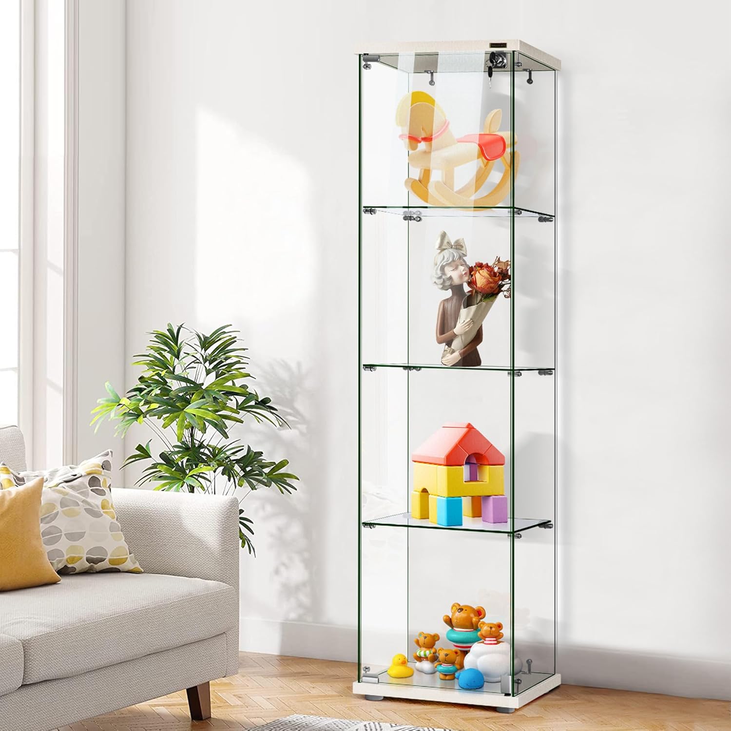 VIVOHOME 4 Layers 15.7''W x 15.7''D x 62.6''H Glass Display Cabinet Countertop Showcase with Lock, 5mm Tempered Glass 25mm MDF Base