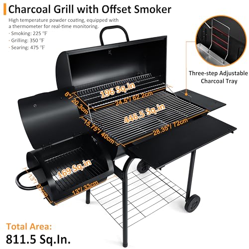 Charcoal Grill with Offset Smoker, Leonyo 13 Pcs Outdoor Charcoal Grill with Smoker, 445 Sq.in Barrel BBQ Grill with Cover & Chimney Starter