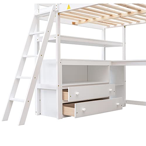 Harper & Bright Designs Twin Size Loft Bed with Wardrobe, Desk and Multiple Storage Shelves, Solid Wood Loft Bed Frame with Bookshelf