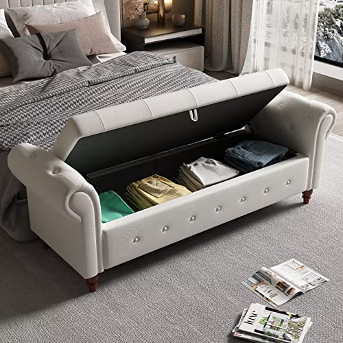 63" Long Storage Bench, Button Tufted Bed End Storage Bench with Rolled Arm and Solid Wood Legs