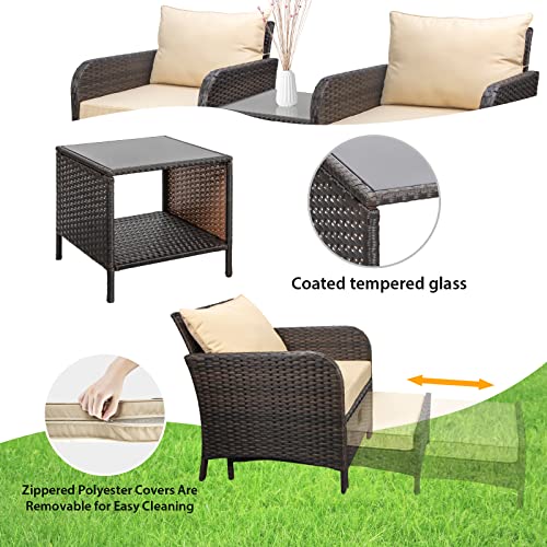 LEVELEVE Balcony Furniture 5 Piece Patio Conversation Set, PE Wicker Rattan Outdoor Lounge Chairs with Soft Cushions 2 Ottoman&Glass Table for Porch
